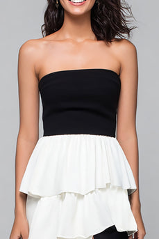 Black and White Tiered Strapless Long Formal Dress with Slit