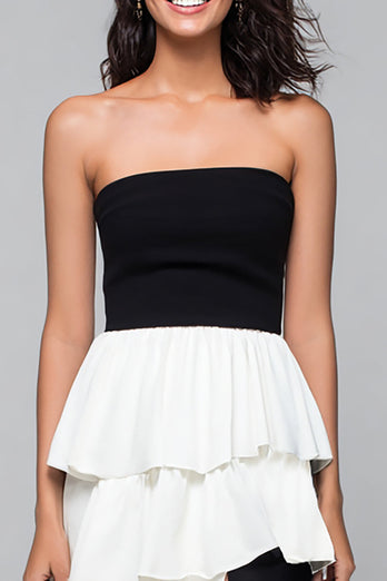 Black and White Tiered Strapless Long Formal Dress with Slit