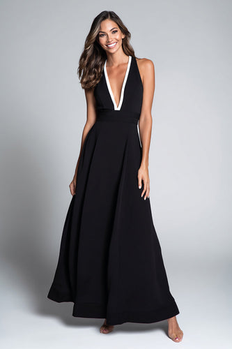 Black and White A Line Deep V-Neck Long Formal Dress