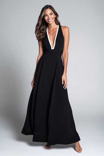 Black and White A Line Deep V-Neck Long Formal Dress