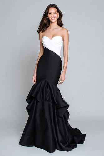 Black and White Mermaid Patchwork Long Formal Dress with Ruffles