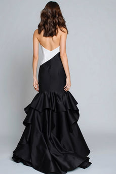 Black and White Mermaid Patchwork Long Formal Dress with Ruffles