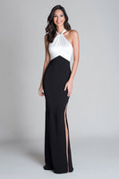 Load image into Gallery viewer, Black and White Halter Mermaid Long Formal Dress with Slit