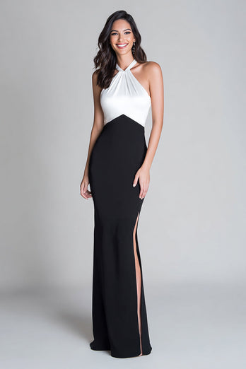 Black and White Halter Mermaid Long Formal Dress with Slit