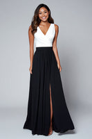 Load image into Gallery viewer, Black and White V-Neck A Line Long Formal Dress with Slit