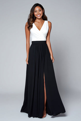 Black and White V-Neck A Line Long Formal Dress with Slit