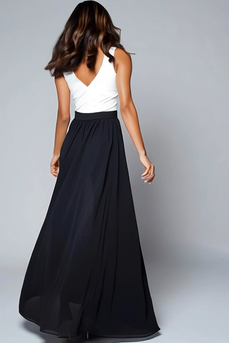 Black and White V-Neck A Line Long Formal Dress with Slit