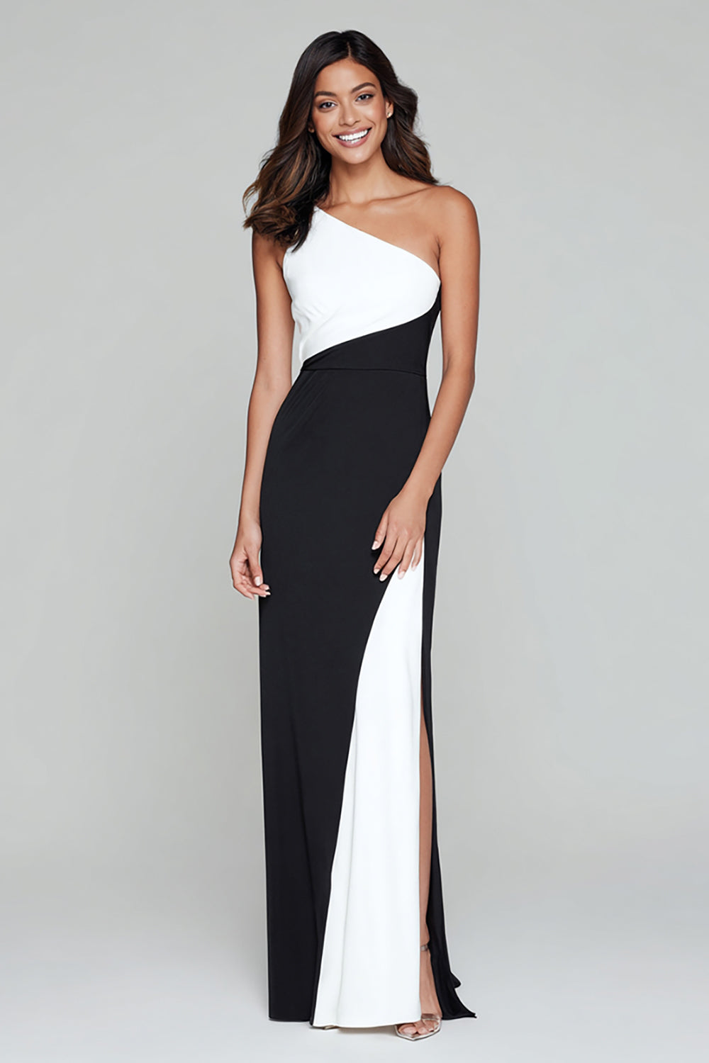 Black and White Patchwork One Shoulder Long Formal Dress with Slit