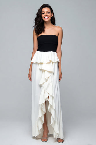 Black and White High-Low Strapless Formal Dress with Ruffles