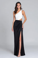Load image into Gallery viewer, Black and White One Shoulder Satin Long Formal Dress with Slit