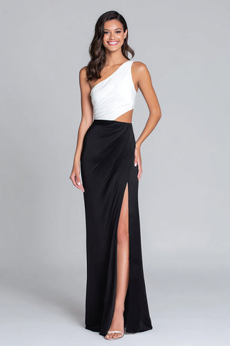Black and White One Shoulder Satin Long Formal Dress with Slit