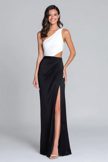 Black and White One Shoulder Satin Long Formal Dress with Slit