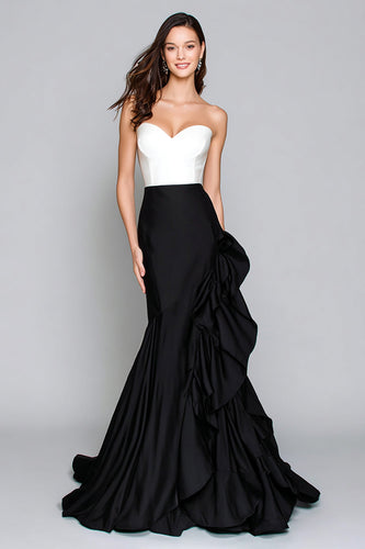 Black and White Mermaid Satin Ruffled Long Formal Dress