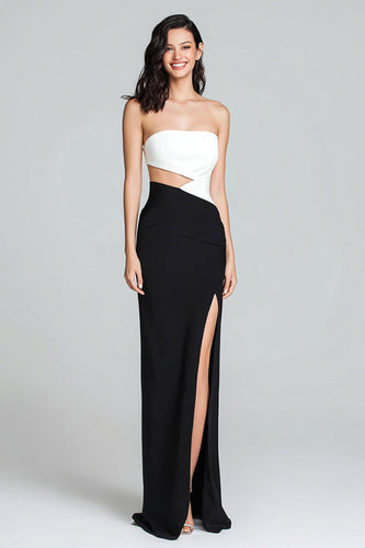 Black and White Strapless Cut Out Long Satin Formal Dress with Slit