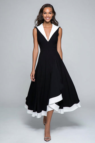 A Line Black and White V-Neck Midi Formal Dress
