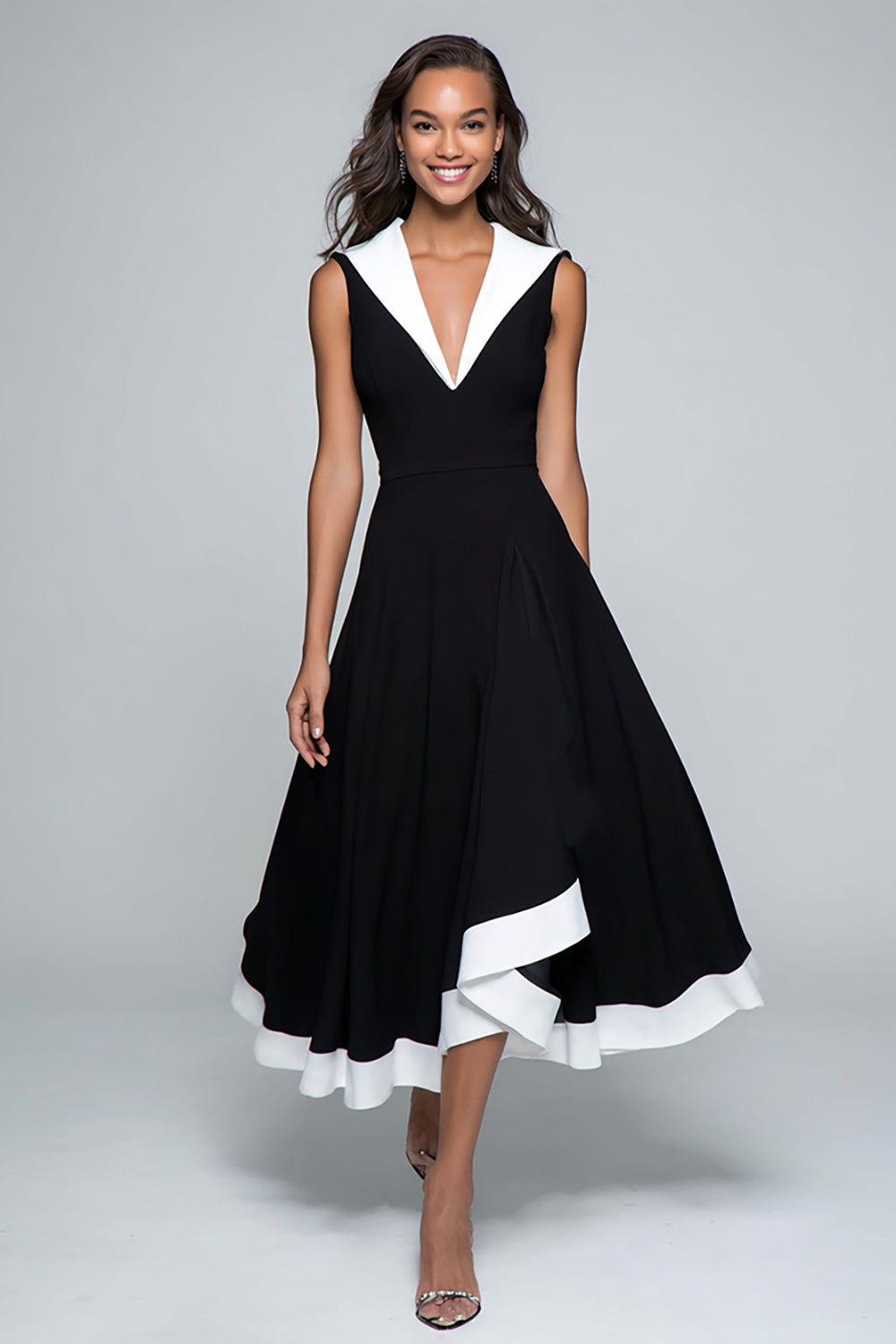 A Line Black and White V-Neck Midi Formal Dress