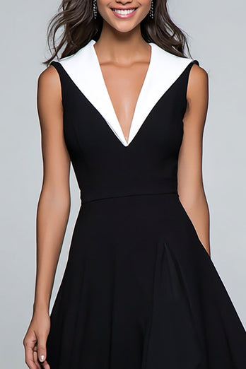 A Line Black and White V-Neck Midi Formal Dress