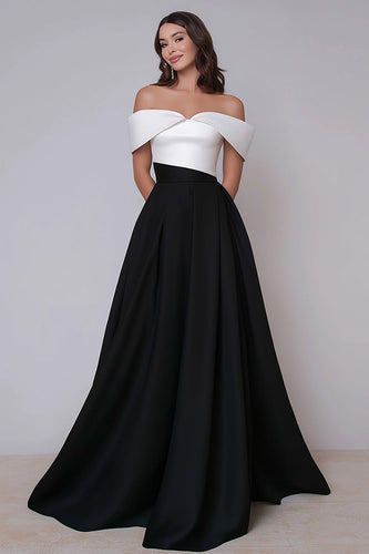 Black and White A Line Off the Shoulder Long Formal Dress