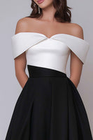 Load image into Gallery viewer, Black and White A Line Off the Shoulder Long Formal Dress
