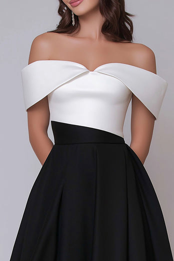 Black and White A Line Off the Shoulder Long Formal Dress