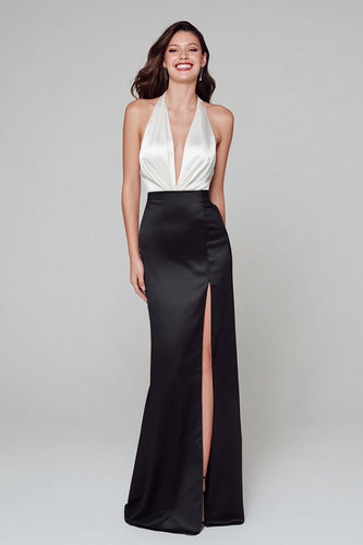 Black and White Halter Satin Long Formal Dress with Slit