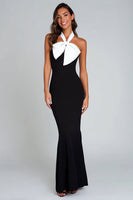 Load image into Gallery viewer, Black and White Satin Mermaid Long Formal Dress with Bow