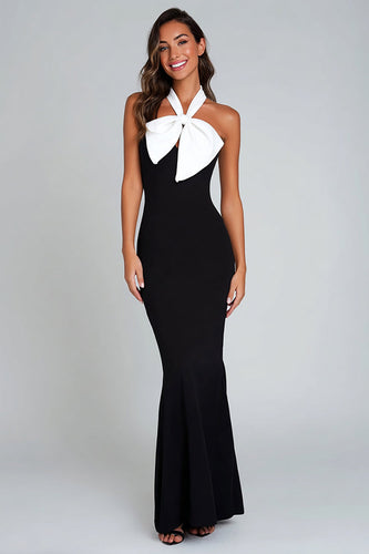 Black and White Satin Mermaid Long Formal Dress with Bow