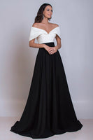 Load image into Gallery viewer, Black and White Satin Off the Shoulder Long Formal Dress