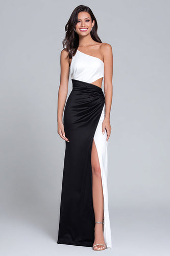 Black and White Satin One Shoulder Long Formal Dress with Slit