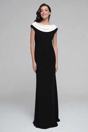 Black and White Satin Boat Neck Sheath Long Formal Dress