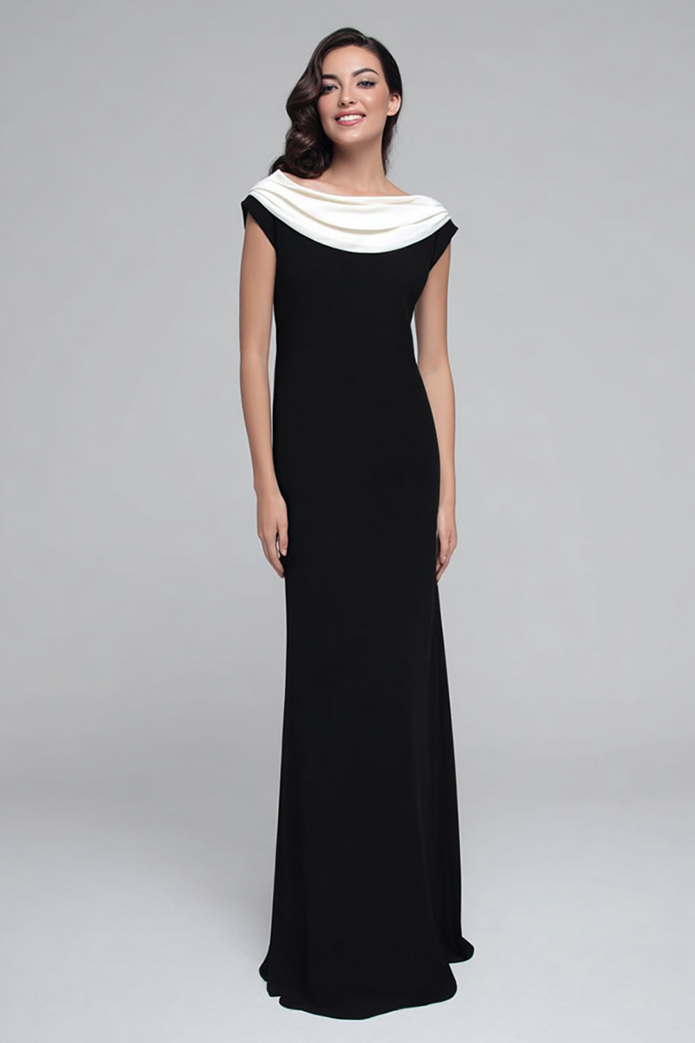 Black and White Satin Boat Neck Sheath Long Formal Dress