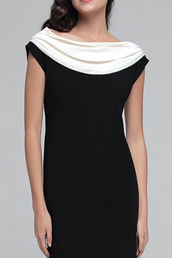 Black and White Satin Boat Neck Sheath Long Formal Dress