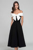 Load image into Gallery viewer, Black and White Off the Shoulder A Line Long Formal Dress with Bow