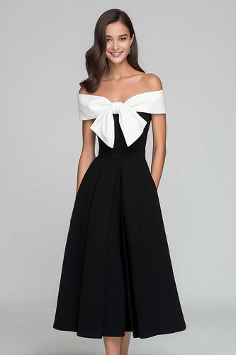 Black and White Off the Shoulder A Line Long Formal Dress with Bow