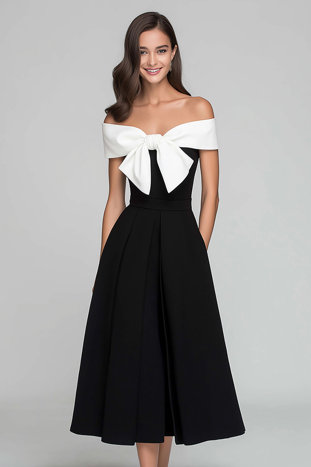 Black and White Off the Shoulder A Line Long Formal Dress with Bow
