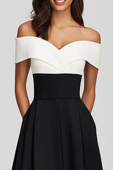 Black and White A-Line Off the Shoulder Tea Length Formal Dress