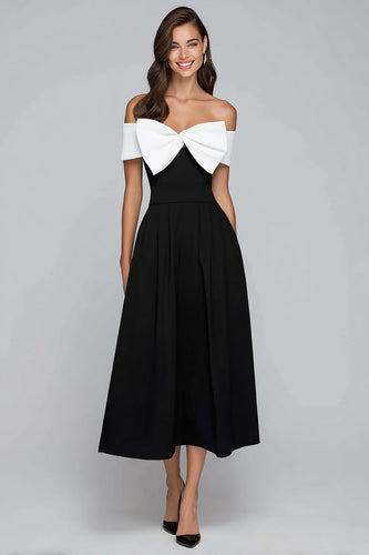 Black and White A-Line Off the Shoulder Tea Length Formal Dress with Bow
