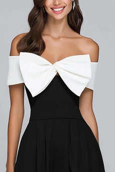 Black and White A-Line Off the Shoulder Tea Length Formal Dress with Bow