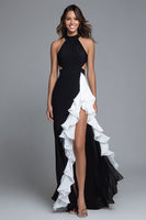 Load image into Gallery viewer, Black and White Cut-Out Halter Long Formal Dress with Ruffles