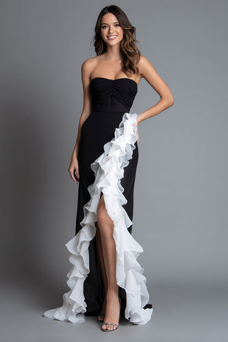 Women Black and White Chiffon Long Mermaid Formal Dress with Slit Sweetheart Evening Dress with Ruffles
