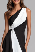Load image into Gallery viewer, Black and White One Shoulder Sheath Ruched Long Formal Dress