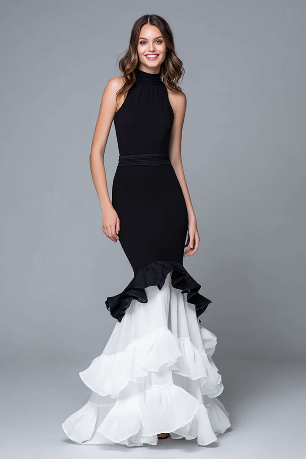 Mermaid Black and White High Neck Ruffled Long Formal Dress