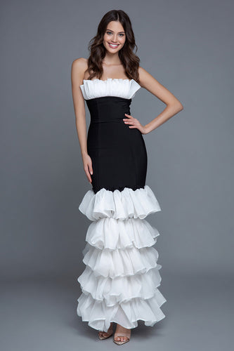 Black and White Mermaid Strapless Ruffled Long Formal Dress