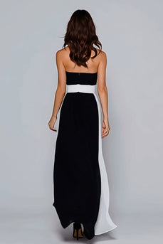 Black and White Strapless Ruched Sheath Long Formal Dress
