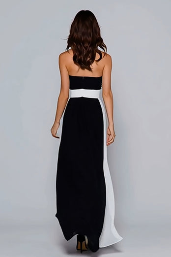 Black and White Strapless Ruched Sheath Long Formal Dress