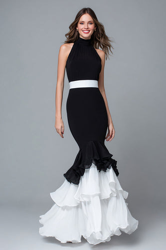Black and White Mermaid High Neck Ruffled Long Formal Dress