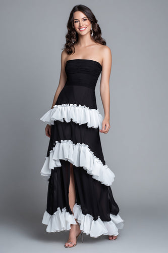 Black and White Ruffled Sheath Strapless Long Formal Dress with Slit