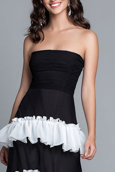 Black and White Ruffled Sheath Strapless Long Formal Dress with Slit