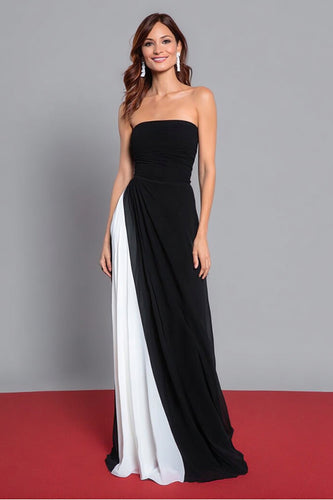 Black and White Strapless Sheath Ruched Long Formal Dress