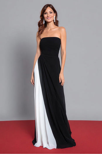 Black and White Strapless Sheath Ruched Long Formal Dress
